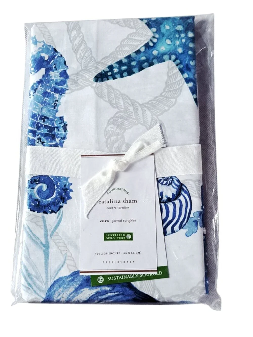 Pottery Barn (1) Catalina Coastal Cotton Euro Pillow Sham Blue Multi NWT